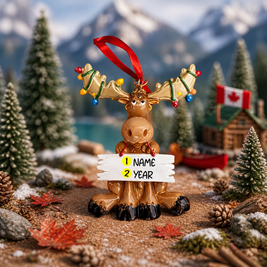 Decorative moose ornament with a sign in a Christmas-themed setting with trees and mountains.