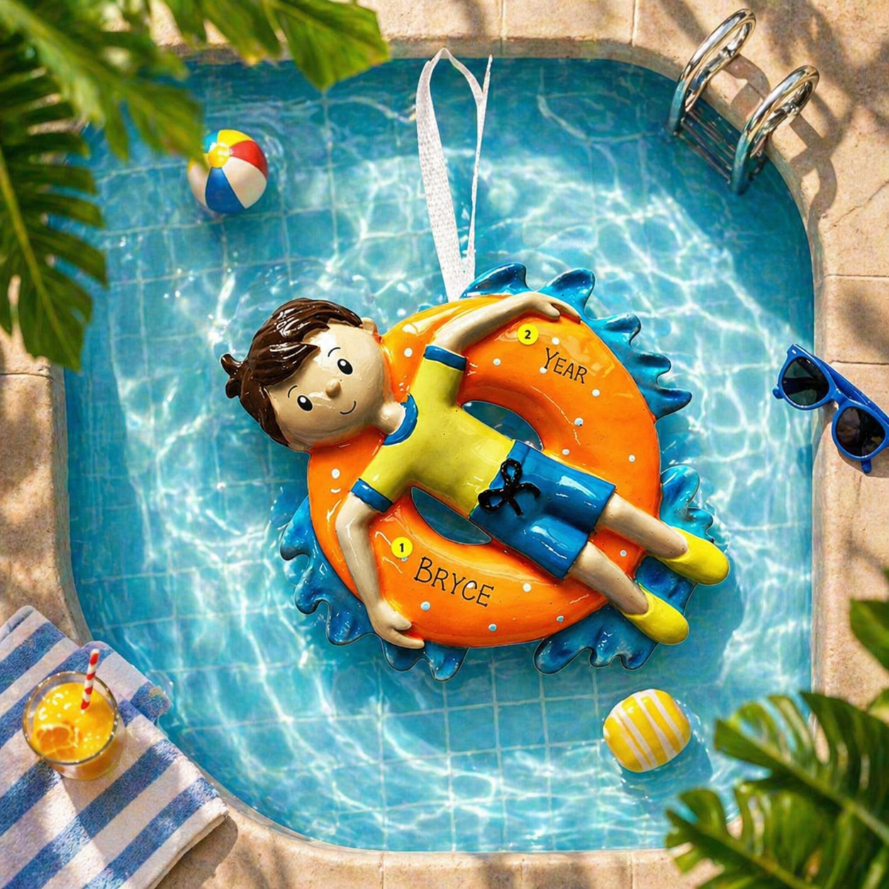 Personalized pool float boy Christmas ornament with custom name and year, summer swim holiday tree decoration
