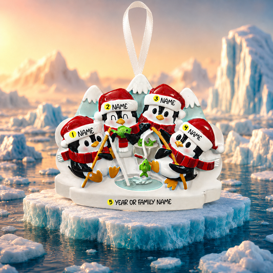 Personalized penguin ornament on a icy background
