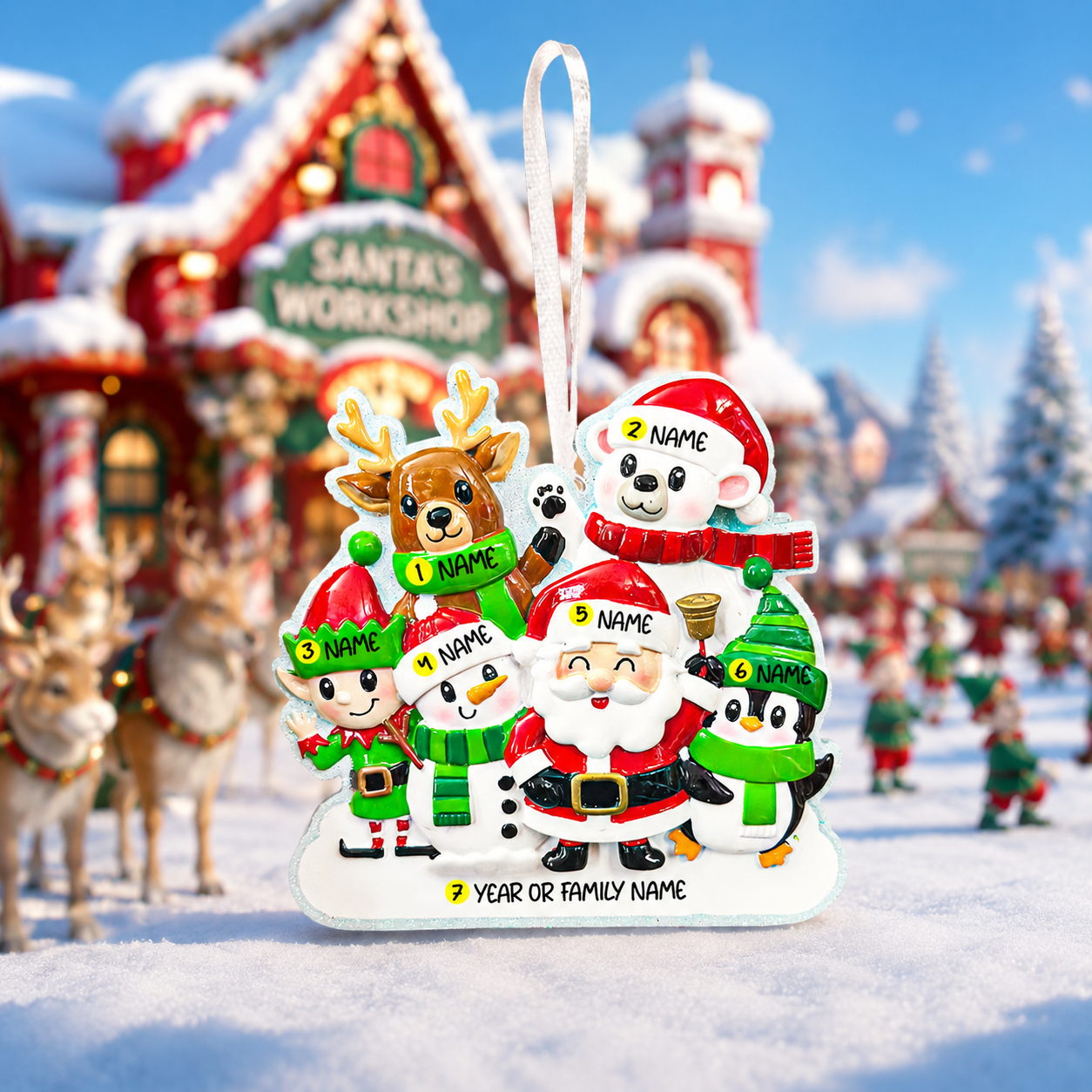 Personalized Christmas ornament with Santa Claus, reindeer, and penguins in front of a Santa's Workshop background.