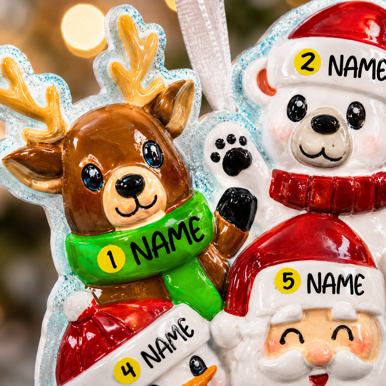 Decorative Christmas ornaments shaped like a reindeer, polar bear, and Santa Claus with 'NAME' labels.
