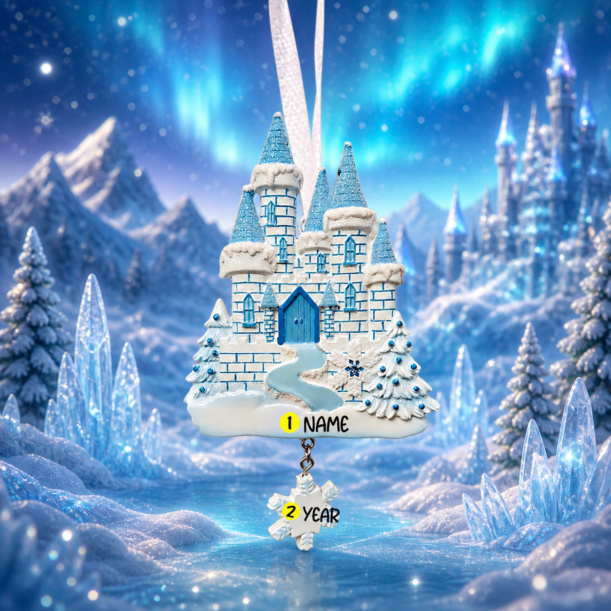ornament of a castle with blue doors and turrets against a blurred frozen theme background