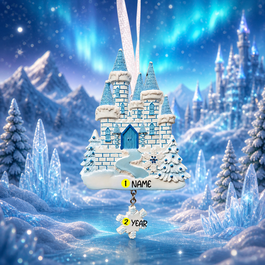 ornament of a castle with blue doors and turrets against a blurred frozen theme background