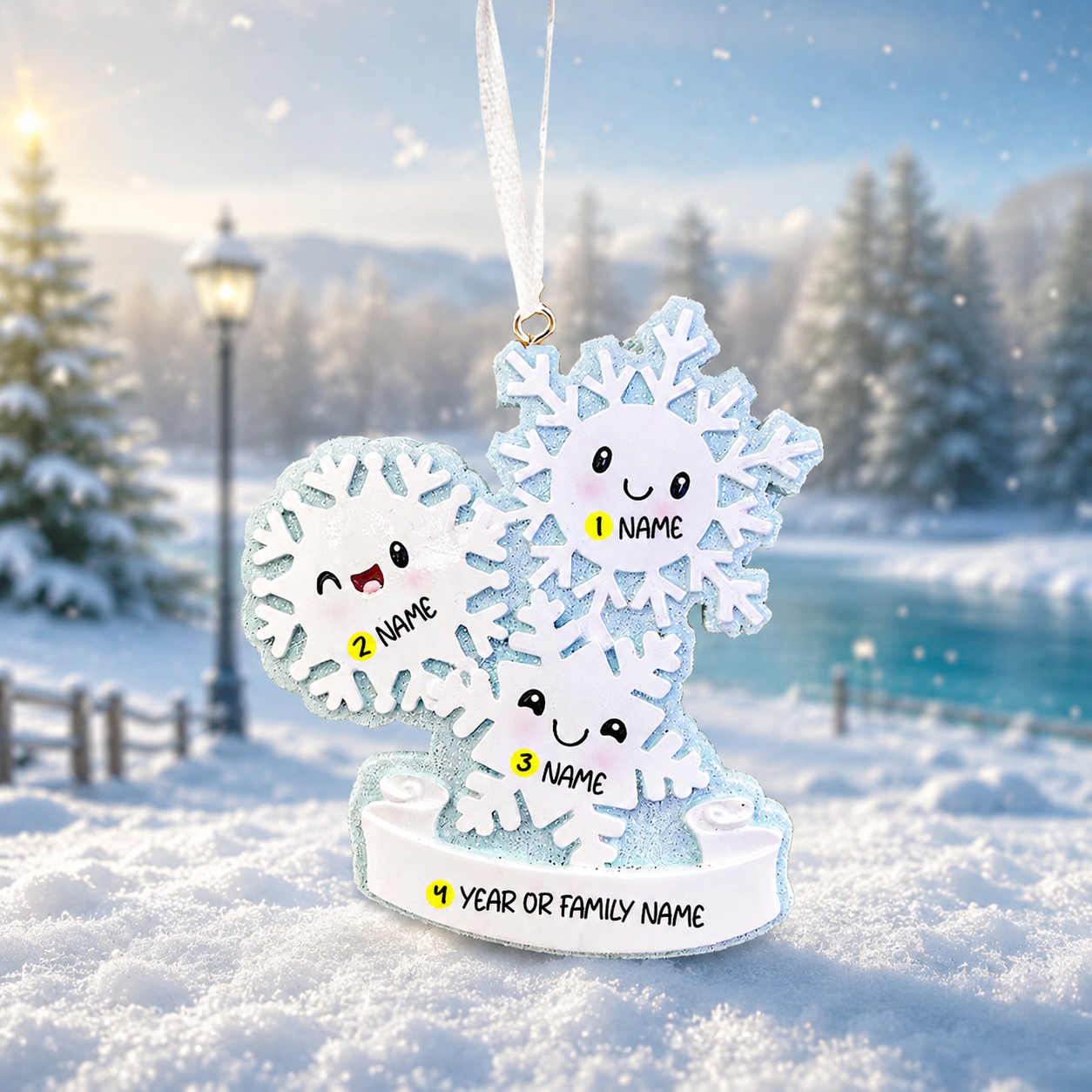 Decorative snowflake ornament with cartoon faces in a snowy landscape