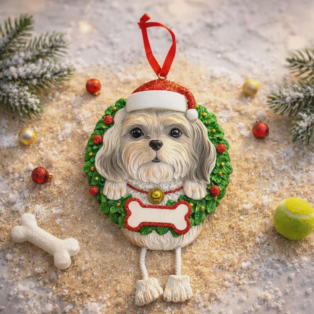 Dog-shaped Christmas ornament with a wreath and Santa hat on a decorative background with Christmas decorations.