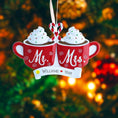 Load image into Gallery viewer, Romantic Mr and Mrs Christmas ornament featuring cozy hot cocoa cups design symbolizing love and togetherness. A perfect keepsake for newlyweds couples celebrating their first Christmas married. Ideal wedding gift holiday decor and meaningful seasonal ornament.
