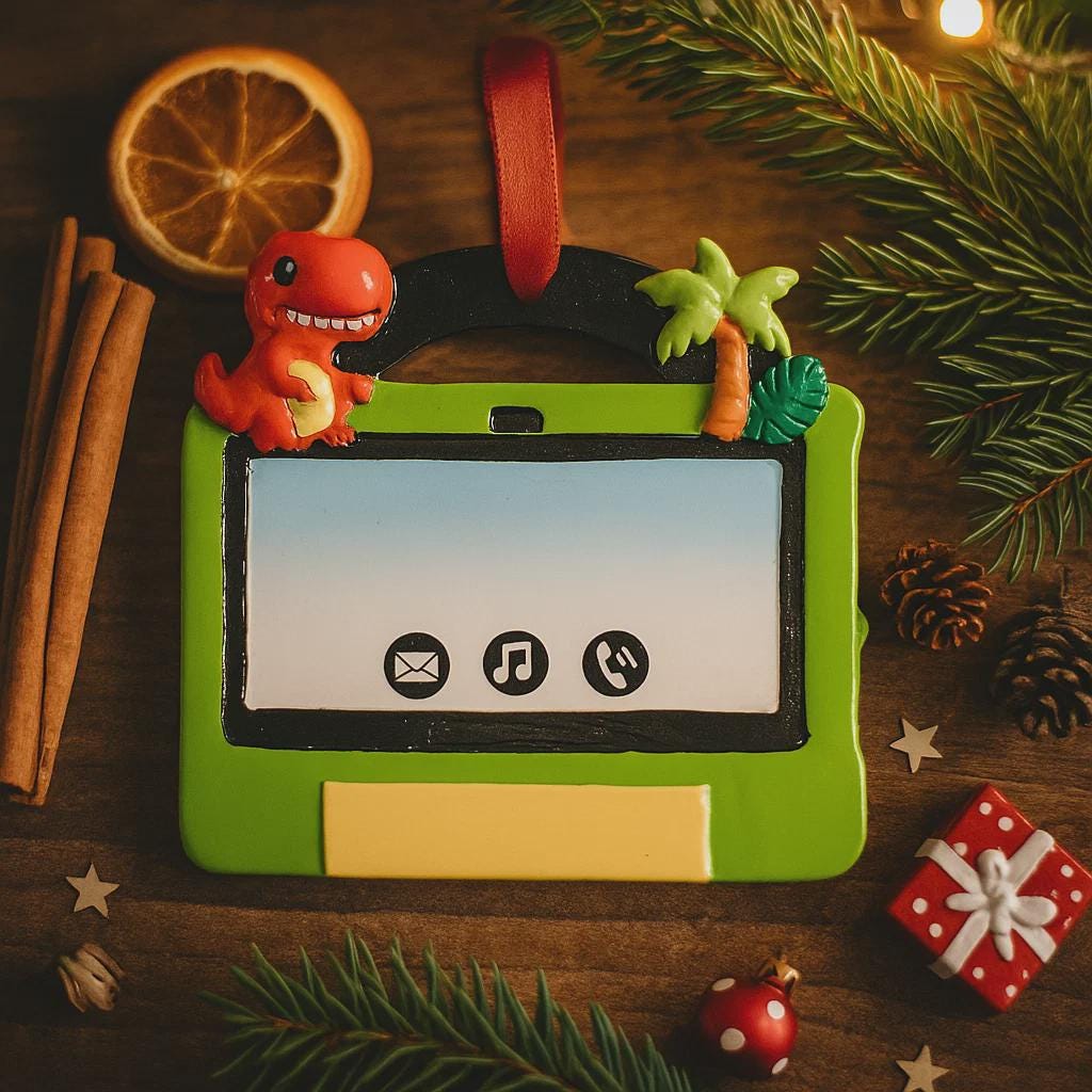 Green toy tablet ornament with dinosaur figure on a wooden surface with Christmas decorations