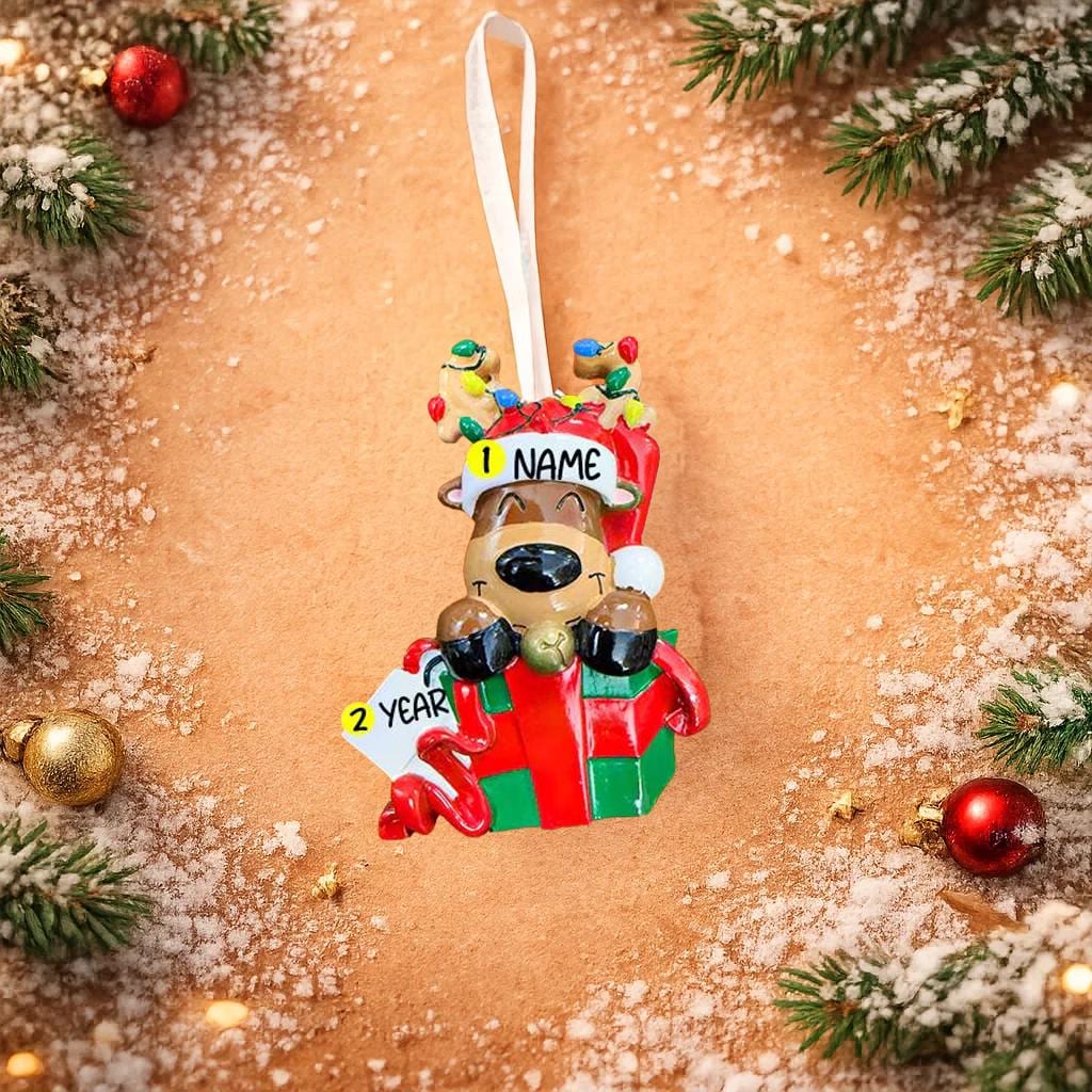 Personalized Christmas ornament with reindeer design on a decorative background with ornaments and snow.