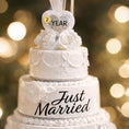 Load image into Gallery viewer, Personalized just married wedding cake ornament featuring a classic white tiered cake design with custom names and year. A timeless keepsake for newlyweds celebrating their first Christmas married wedding anniversary or Valentine’s Day.
