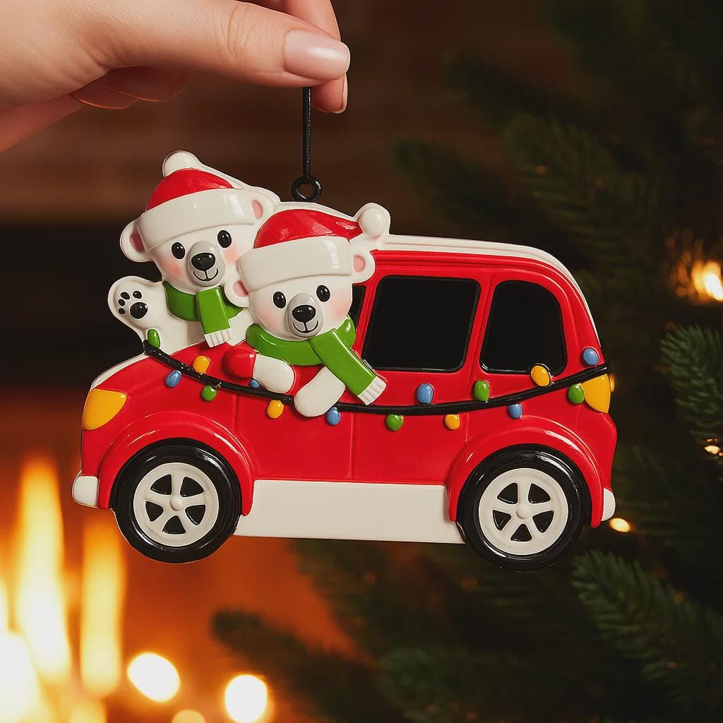 Personalized Christmas ornament featuring two polar bears wearing Santa hats riding in a red car decorated with colorful holiday lights. The ornament includes custom name personalization on each bear and a year displayed on the car. Designed with a detailed 3D raised front and smooth glossy finish, it is made for easy hanging on a Christmas tree. Perfect for festive holiday decor, couple ornaments, family keepsakes, and seasonal gift giving.