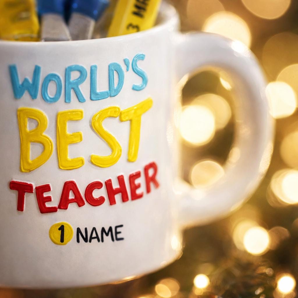 Personalized teacher ornament designed as a white mug filled with classroom tools including scissors ruler pencil and marker. The front reads Worlds Best Teacher with custom name personalization. Mostly 2D design with raised 3D tool details. A perfect Christmas ornament gift for teachers educators and school staff.