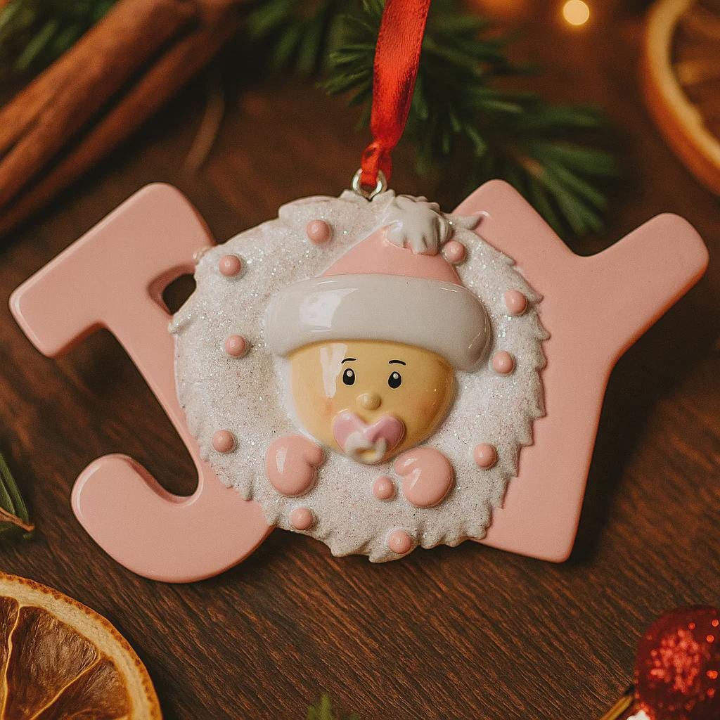Christmas ornament shaped like a letter JOY with a baby design on a wooden surface.