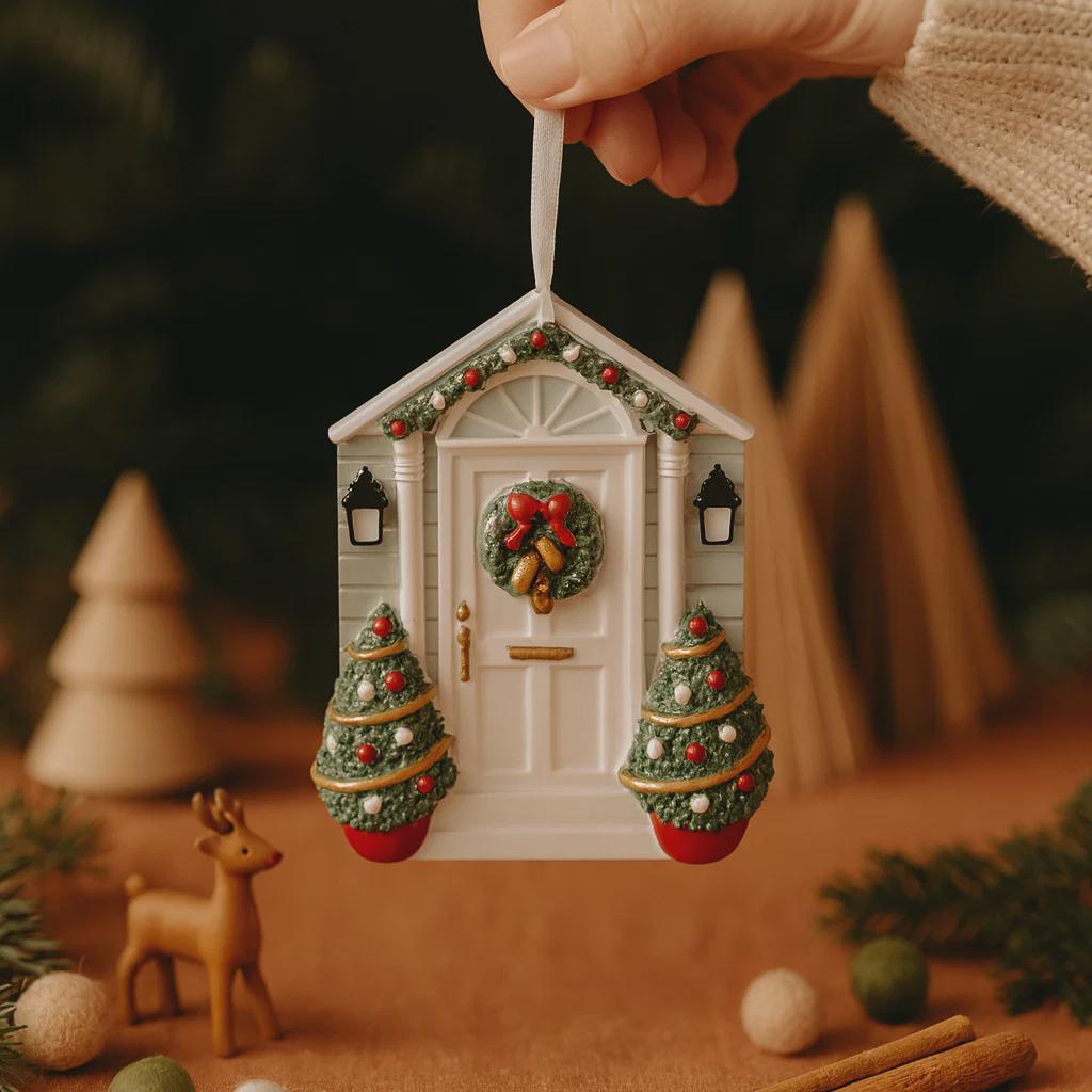 Decorative Christmas ornament shaped like a house with trees and wreath, held against a festive background.