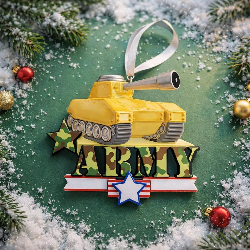 A resin Army tank ornament in bold yellow features a cartoon style military tank with detailed black tracks and raised cannon, camouflage green ARMY lettering across the front, a star accent and American flag inspired base, surrounded by snow texture and festive holiday elements, with handwritten personalization showing one name on the left banner and the year on the right banner, designed as a mostly 2D ornament with raised 3D details on the front only for lightweight Christmas tree decor.