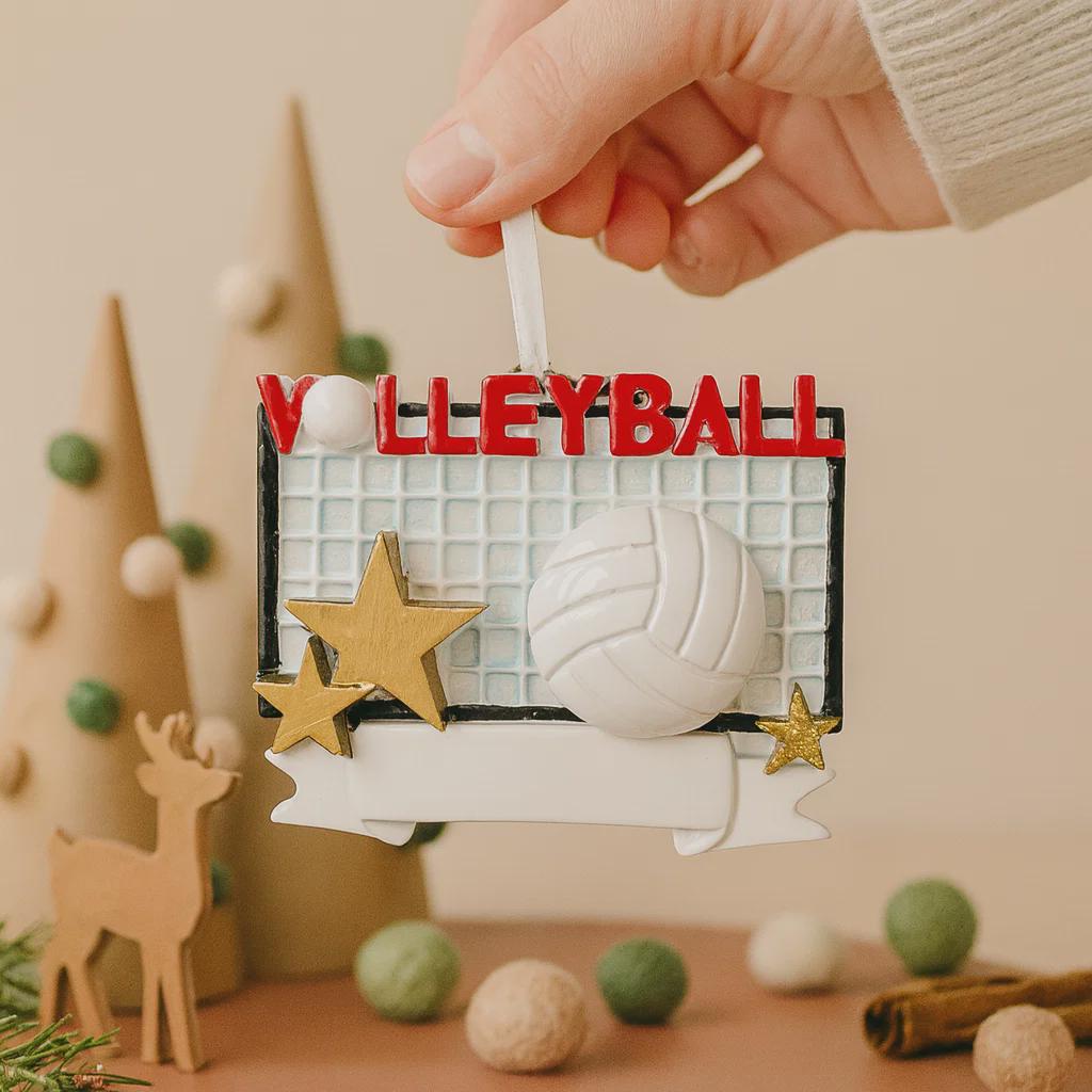 Decorative ornament with 'Volleyball' text and sports elements on a neutral background