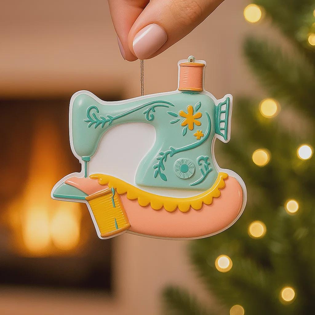 Personalized sewing machine ornament featuring a charming vintage style design with soft pastel colors and floral details. The ornament includes space for a name and year, making it a meaningful keepsake gift. Crafted from durable resin with a detailed 3D raised front and flat 2D back for smooth hanging. Includes free handwritten personalization. A perfect Christmas ornament gift for grandmothers sewing lovers quilters crafters and anyone who enjoys handmade traditions and creative hobbies.