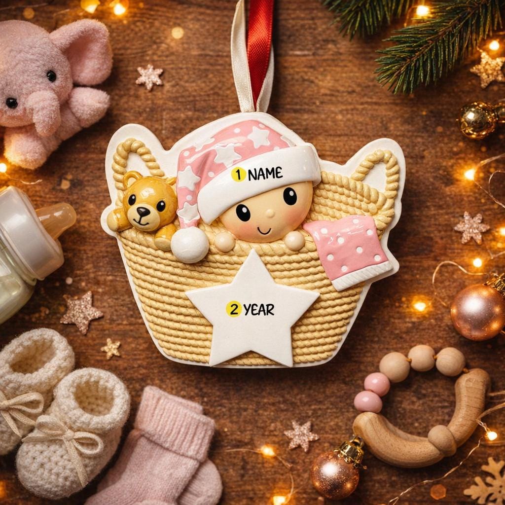 Personalized Baby Girl First Christmas Ornament featuring a detailed 3D front design with a sweet baby resting inside a woven basket, pink nightcap, teddy bear, and hanging star for the year. The baby’s name is added on the hat and the year on the star, creating a meaningful keepsake. Soft pink tones, cozy textures, and dimensional elements make it perfect for newborn girl gifts, baby shower presents, and treasured first Christmas tree memories.