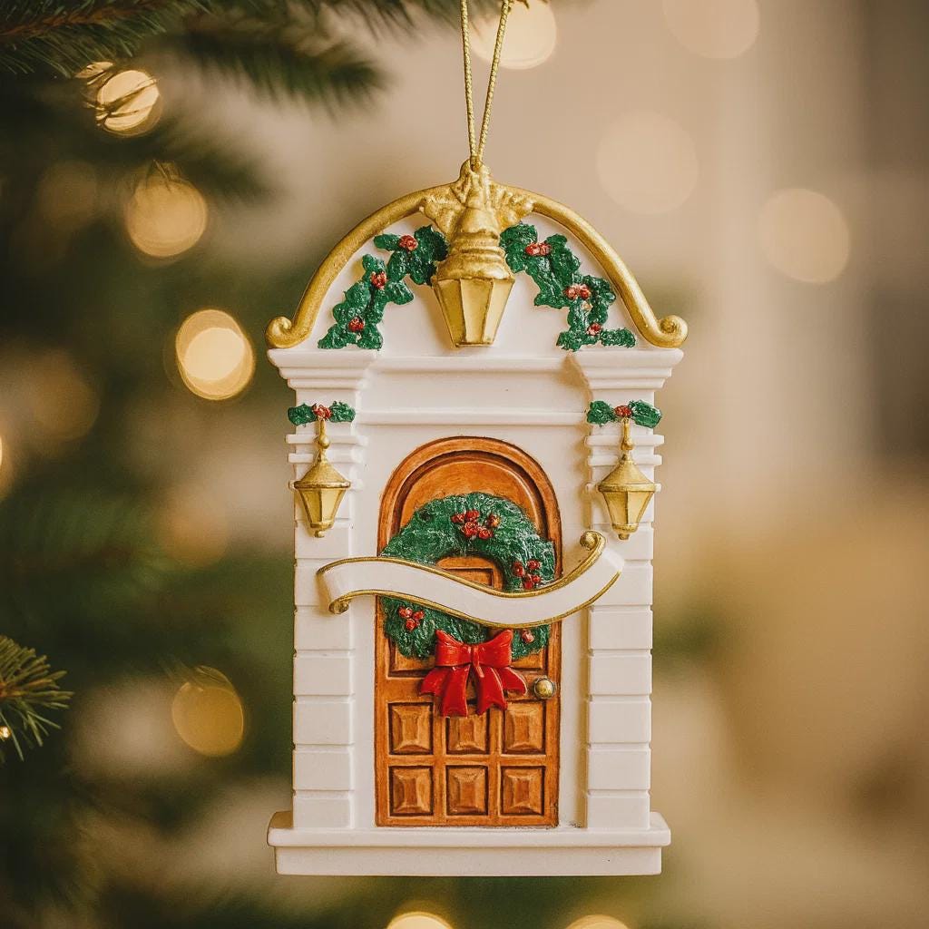 Decorative Christmas ornament resembling a door with wreath and bow, hanging against a blurred festive background.