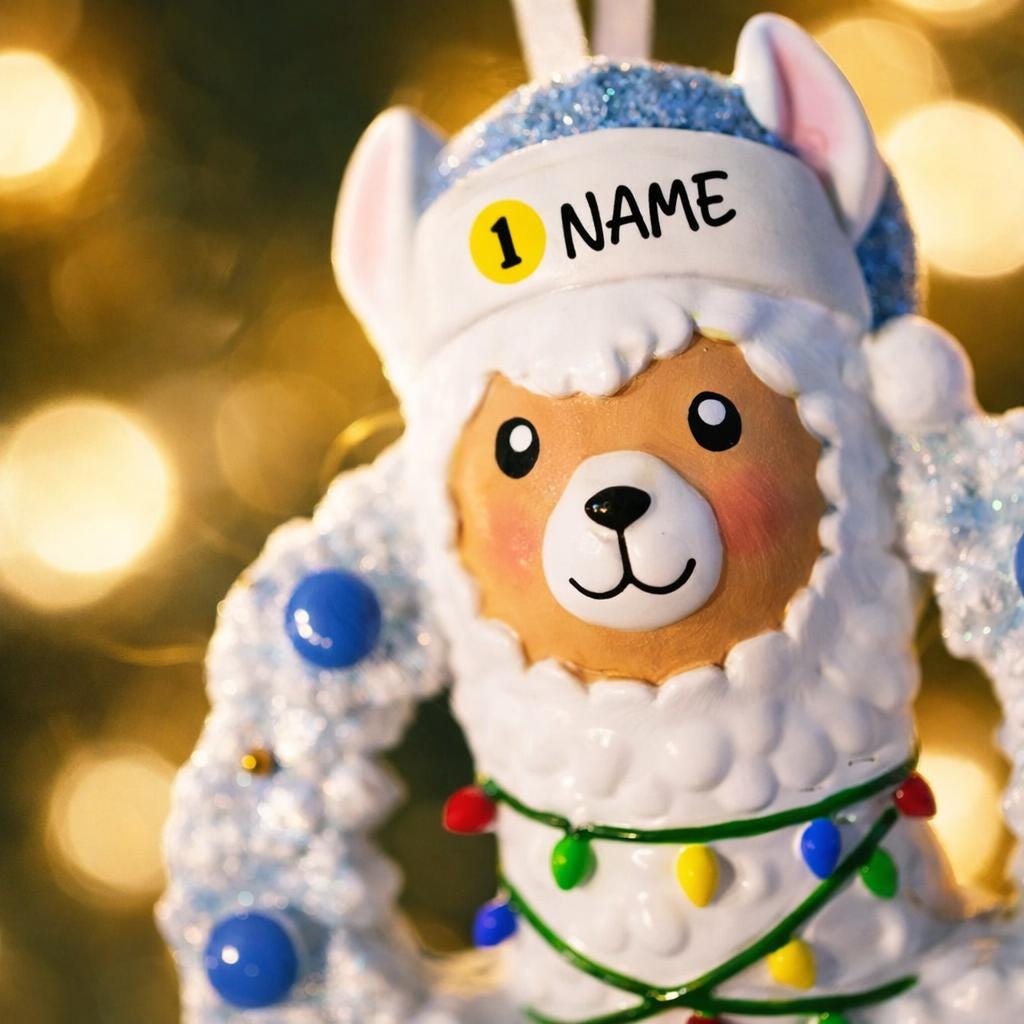 Personalized baby boy llama ornament featuring a cute smiling llama wearing a winter hat and surrounded by a festive wreath with colorful holiday lights. Soft blue and white tones create a cozy winter look. Handwritten personalization includes baby name and Baby’s First Christmas with year. Mostly 2D ornament with raised 3D details on the front only, lightweight and perfect for Christmas trees, nursery decor, and baby keepsakes.