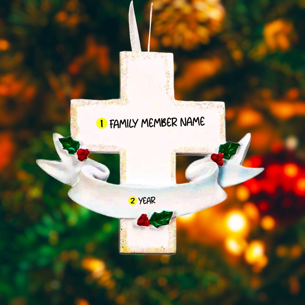 Personalized memorial cross ornament featuring a classic white cross design with a smooth matte finish and gentle holiday accents. Includes free handwritten personalization with name and year displayed on the front. Designed with a raised 3D front and flat back for easy hanging. A meaningful keepsake ornament created to honor loved ones and cherish memories during the holiday season. Perfect for remembrance decor faith inspired gifts and Christmas tree display.