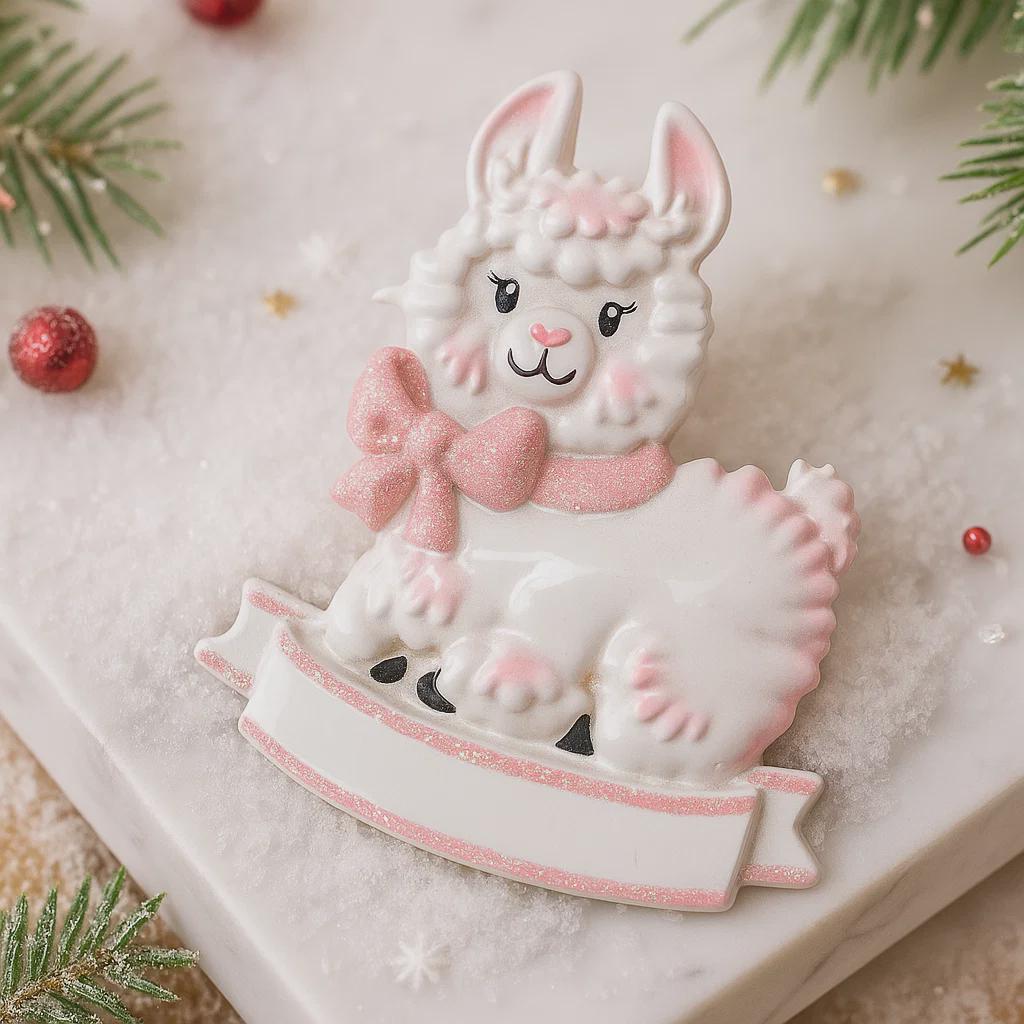 A glossy resin baby girl llama ornament features a white smiling llama with soft pink accents, raised textured fur details, pink bow and scarf elements, glitter highlights, and a smooth painted cartoon style finish, styled with warm holiday lights and nursery themed props, handwritten personalization showing the baby name on the front banner and the year placed on the llama body, designed as a mostly 2D ornament with raised 3D details on the front only.