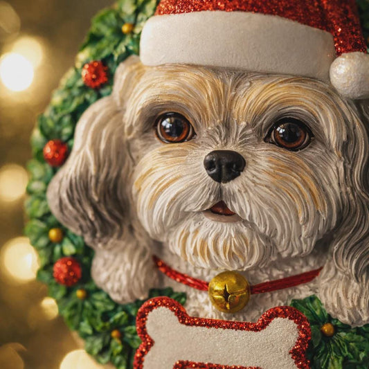 Dog figurine wearing a Santa hat with a festive background
