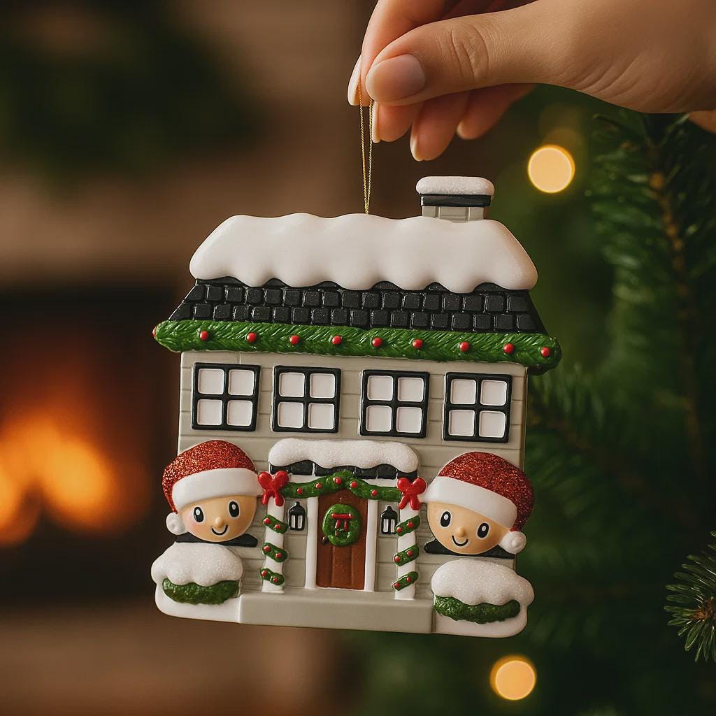 Personalized Christmas house ornament featuring a cozy winter home decorated with snow, wreaths, garlands, and festive details. Two smiling characters wearing Santa hats peek from the front, each customizable with a name, while the roof displays a year or family name. Designed with a detailed 3D raised front and smooth finish, this ornament is perfect for Christmas tree decor, family keepsakes, new home celebrations, and holiday gifting.
