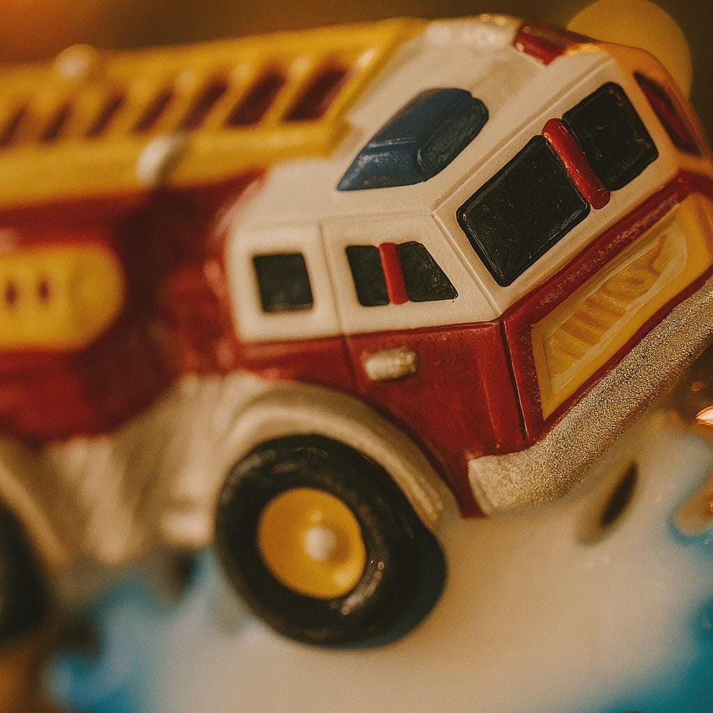 Close-up of a toy fire truck with a blurred background