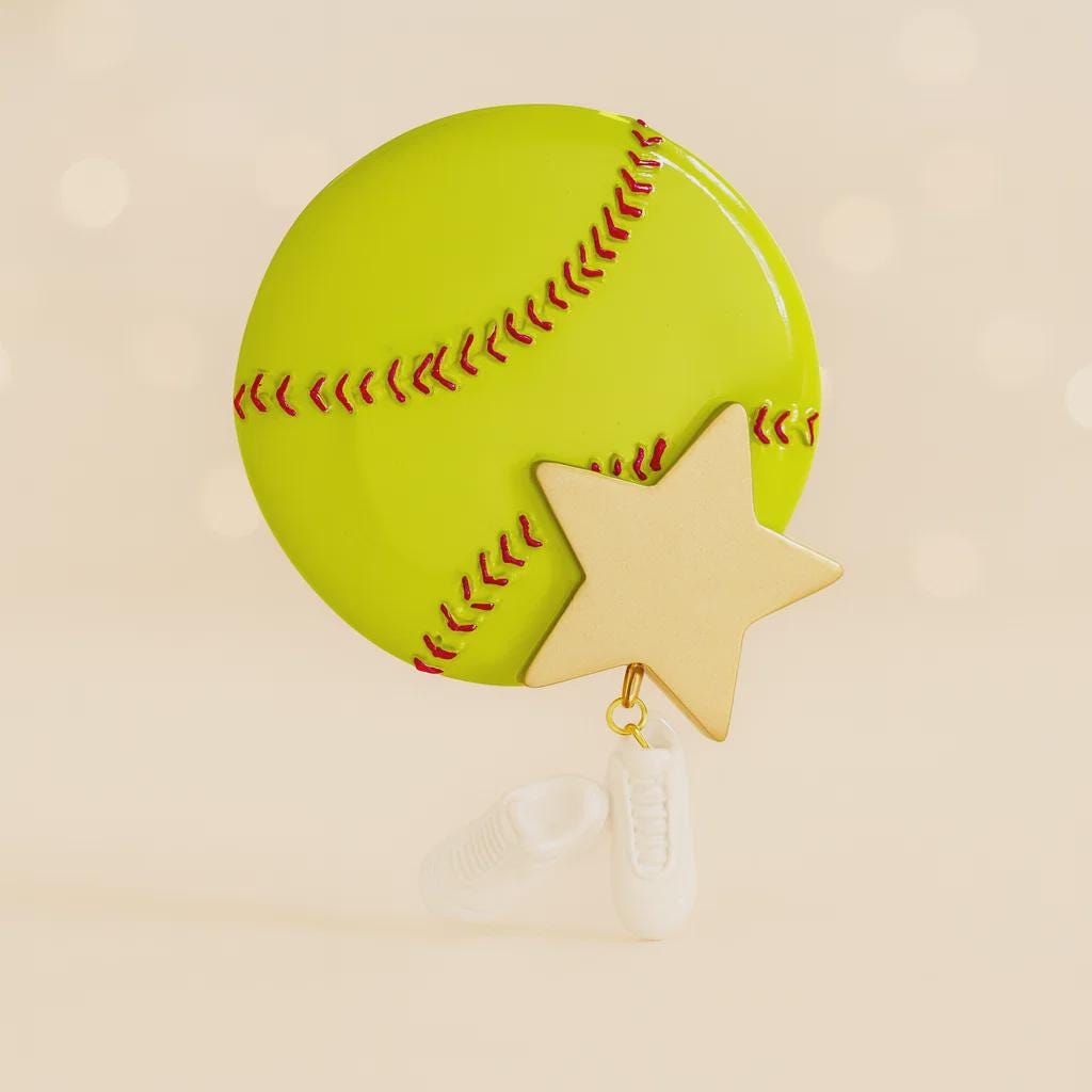 Decorative keychain shaped like a softball with a star charm on a beige background