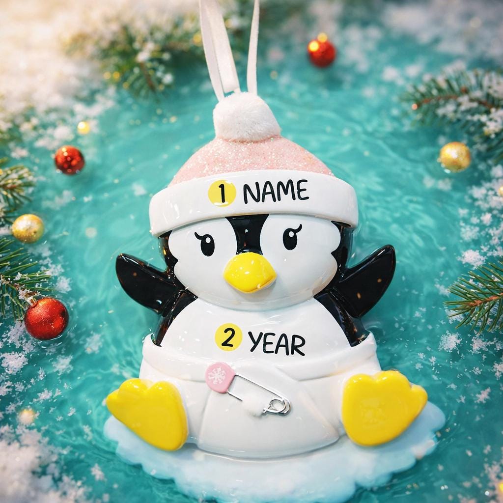 Personalized Baby Penguin First Christmas Ornament featuring a sweet penguin wearing a soft pink winter hat, sitting on a snowy base. The baby’s name is displayed on the hat and the year is placed on the belly, creating a meaningful keepsake for a newborn’s first holiday season. With bright yellow feet, soft winter details, and charming 3D design, this ornament is perfect for baby girls celebrating their very first Christmas and makes a thoughtful holiday gift for new parents.