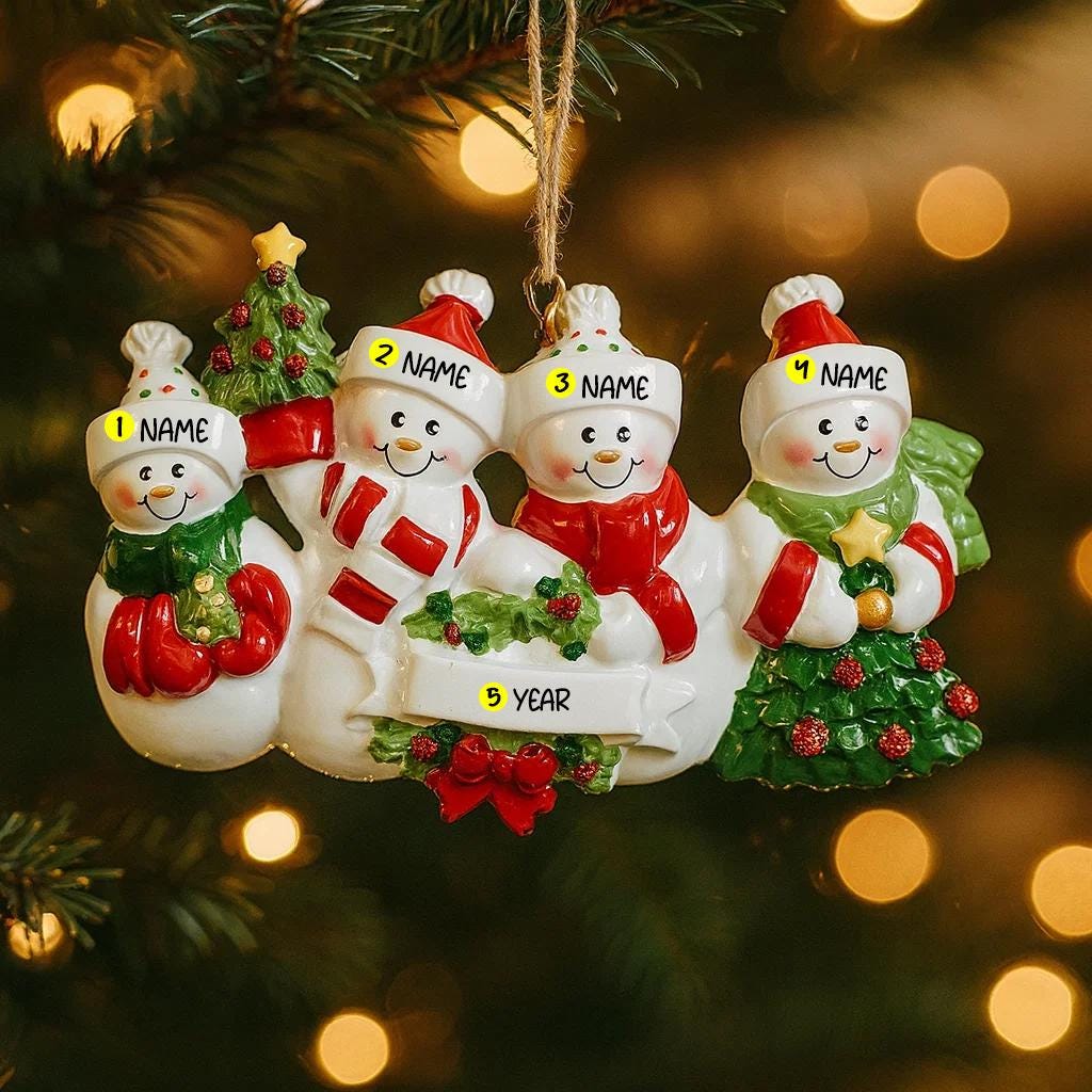 Family of 5 Christmas Snowman Ornament | Personalized Snow Family Decor | Custom Names Year Holiday Keepsake