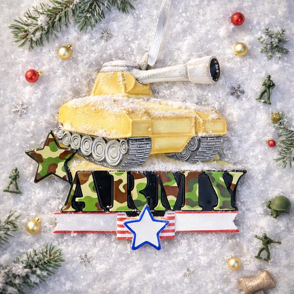 A resin Army tank ornament in bold yellow features a cartoon style military tank with detailed black tracks and raised cannon, camouflage green ARMY lettering across the front, a star accent and American flag inspired base, surrounded by snow texture and festive holiday elements, with handwritten personalization showing one name on the left banner and the year on the right banner, designed as a mostly 2D ornament with raised 3D details on the front only for lightweight Christmas tree decor.