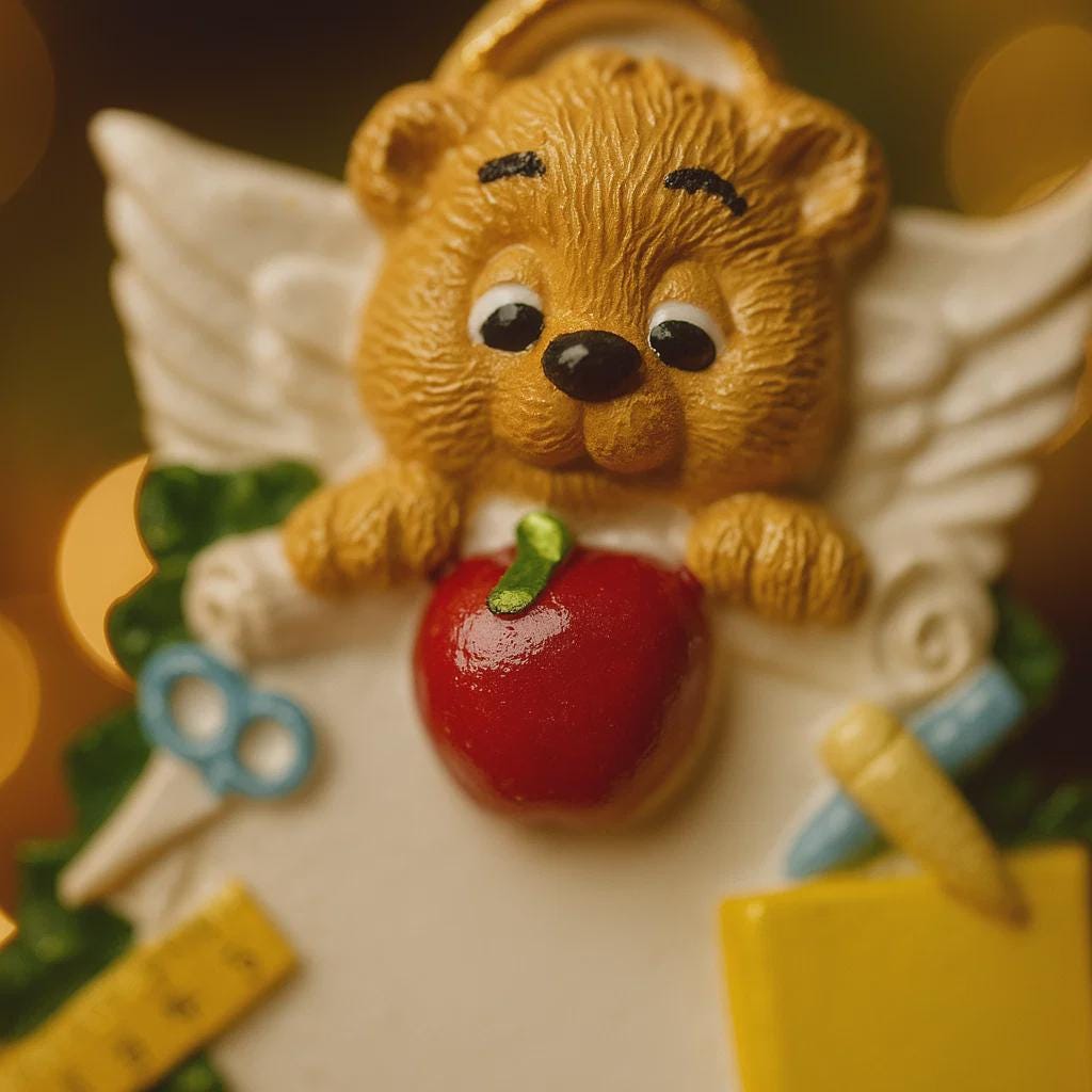 Decorative teacher angel figurine with a teddy bear head holding an apple, surrounded by school supplies on a blurred background.