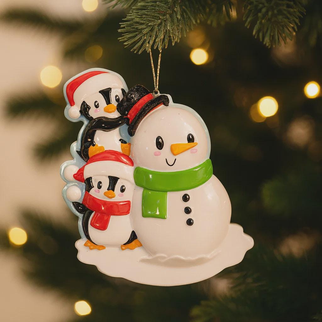Christmas ornament with a snowman and two penguins on a tree with lights in the background