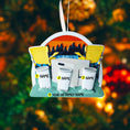 Load image into Gallery viewer, Personalized ornament with chairs, cups, and a sunset design on a blurred nature background.
