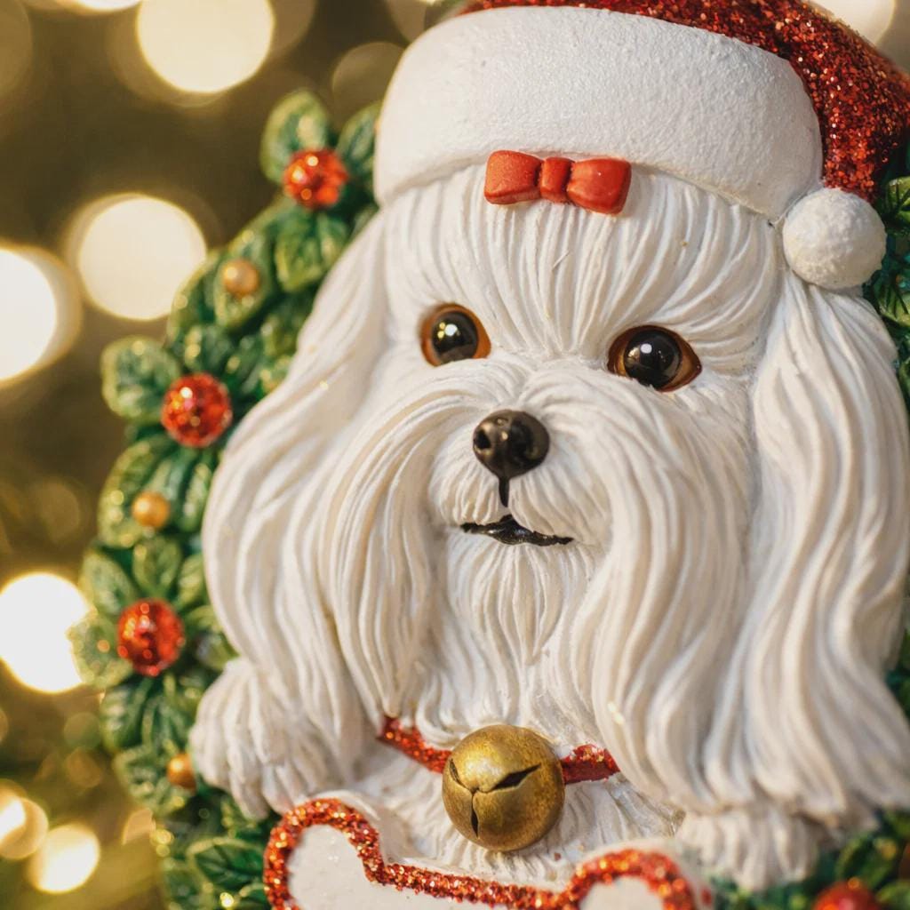 Decorative figurine of a Maltese dog wearing a Santa hat with a blurred festive background