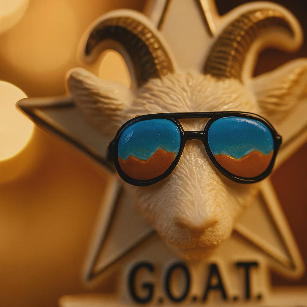 Decorative item with a ram's head wearing sunglasses and 'G.O.A.T.' text on a star background