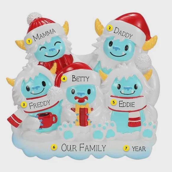 Family of 5 Yeti Ornament | Winter Name Keepsake | Handwritten Family Piece | Holiday Tree Accent