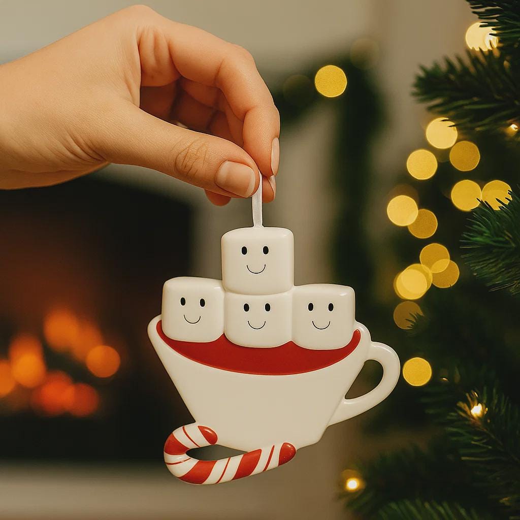 Decorative ornament shaped like a cup with marshmallows and a candy cane against a festive background.