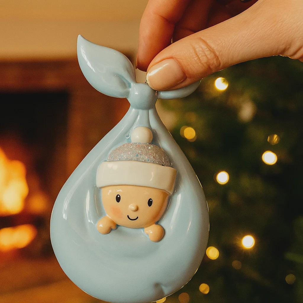 Decorative ornament with a baby design held by a hand against a festive background.