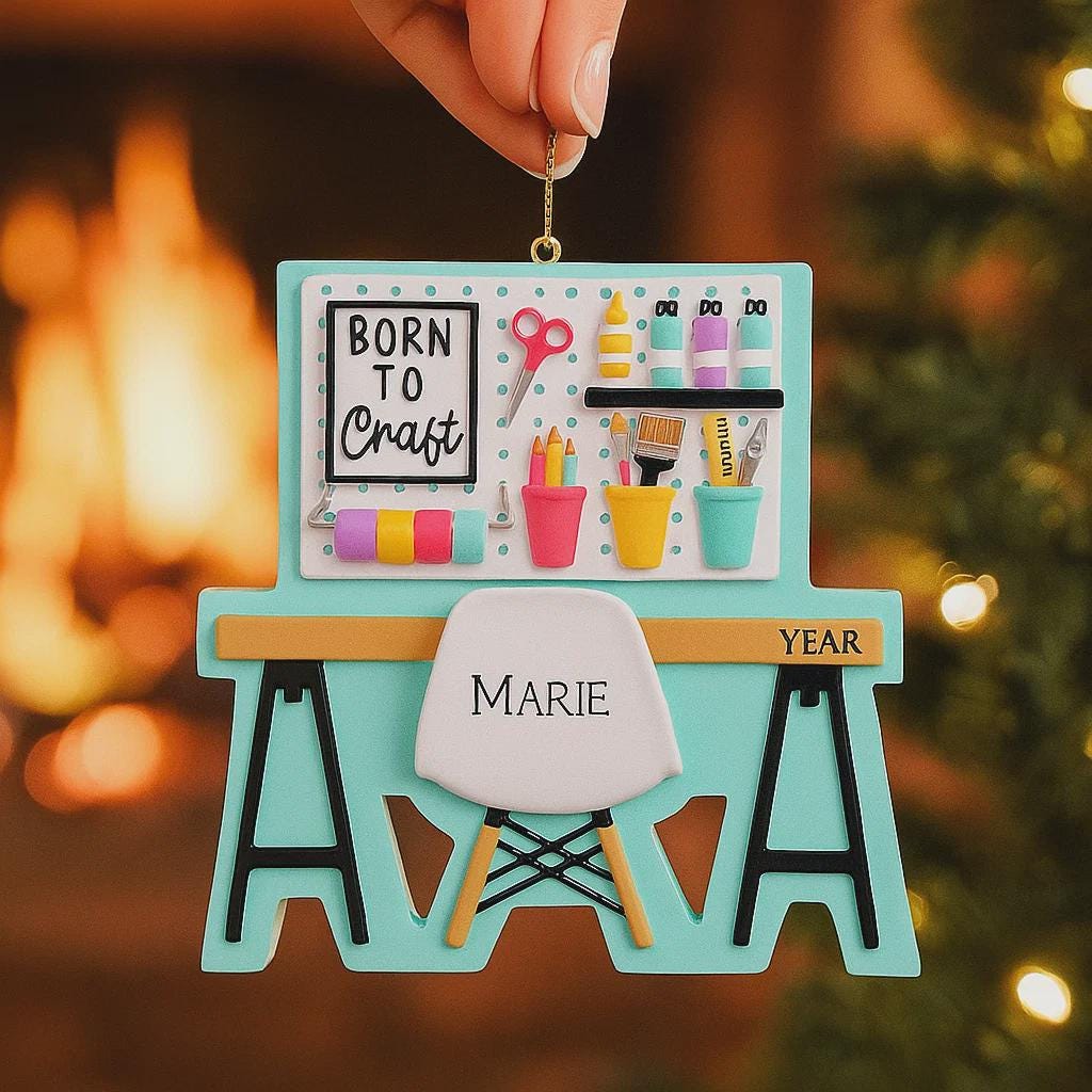 Born to Craft ornament featuring a creative desk scene with colorful craft supplies including scissors paint bottles brushes pencils and storage cups. The ornament showcases a playful crafting workspace design with a modern chair and desk setup. Made from durable resin with a detailed 3D front and flat 2D back for smooth hanging. Includes free handwritten personalization making it a perfect gift for crafters artists DIY lovers and creative kids. Ideal for Christmas trees craft rooms studios and handmade the