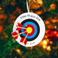 Load image into Gallery viewer, Personalized archery ornament featuring a colorful target and arrows design, customized with a name and year. Perfect for archery lovers, hunters, target shooting fans, and outdoor sports enthusiasts. This unique Christmas ornament celebrates precision, focus, and passion for archery, making it a meaningful holiday keepsake or gift for athletes, hobbyists, and competitive shooters.

