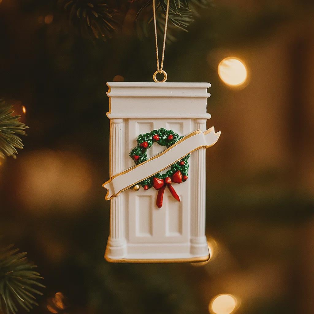 Decorative Christmas ornament of a fireplace with a wreath and banner on a blurred Christmas tree background.