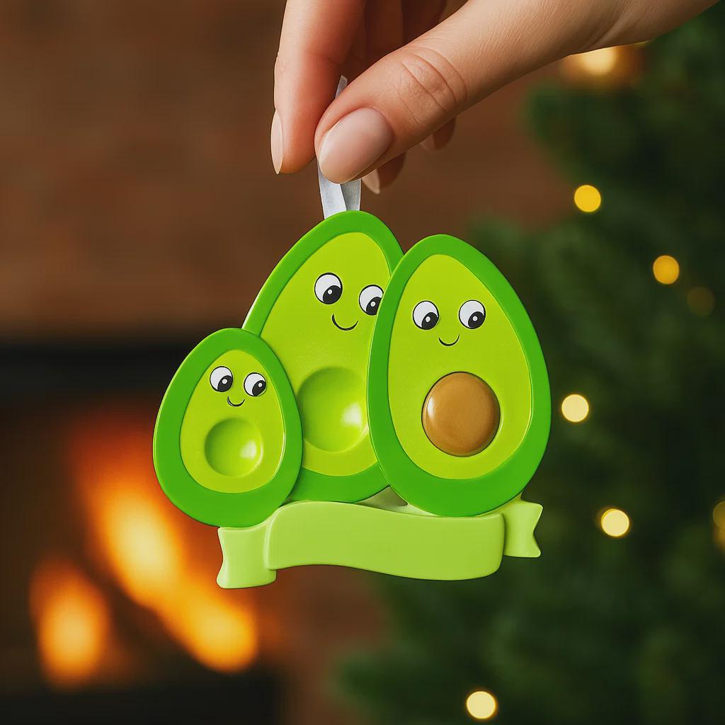 Avocado-shaped ornament with smiling faces held by a hand against a warm, blurred background.