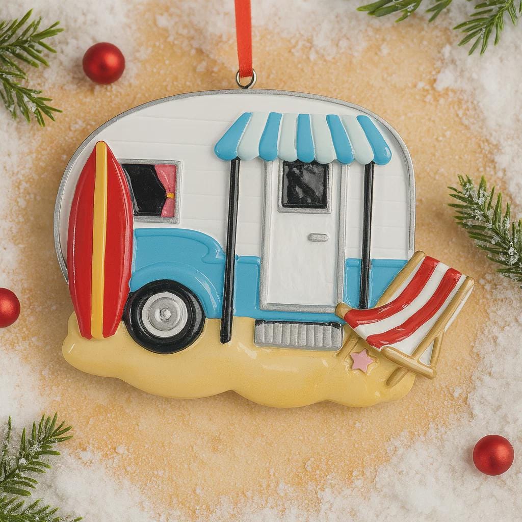 Decorative ornament of a camper with a surfboard and chair on a sandy background