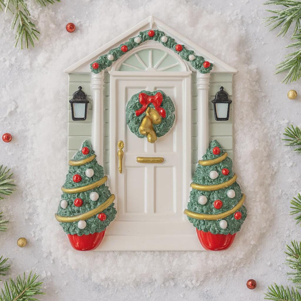 Decorative Christmas scene with a door, wreath, and Christmas trees on a snowy background.