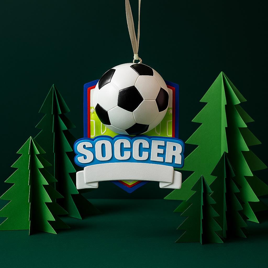 Personalized soccer Christmas ornament featuring a classic black and white soccer ball on a shield style background, customizable name area on the front banner and customizable year area on the soccer ball, glossy finish with raised 3D front details and flat 2D back, white hanging ribbon, displayed on a snowy soccer field themed holiday background with pine branches pinecones and festive decorations.