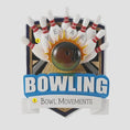 Load image into Gallery viewer, Bowling themed Christmas ornament featuring a raised 3D bowling ball striking detailed bowling pins on a shield style base. Personalized name and year placement is clearly visible on the front. Festive holiday styling with sports inspired details makes this ornament a perfect keepsake for bowling fans league players and Christmas tree decor.

