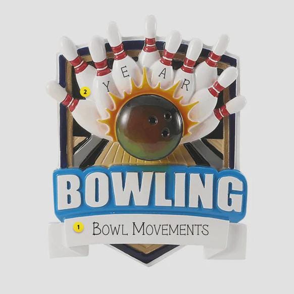 Bowling themed Christmas ornament featuring a raised 3D bowling ball striking detailed bowling pins on a shield style base. Personalized name and year placement is clearly visible on the front. Festive holiday styling with sports inspired details makes this ornament a perfect keepsake for bowling fans league players and Christmas tree decor.