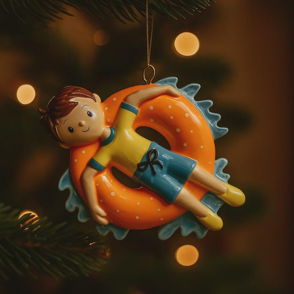 Decorative ornament of a child on an inner tube hanging on a Christmas tree.
